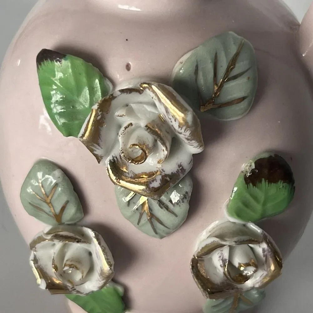 Vintage Mini Pitcher/ Bud Vase~ Pink w/ Applied Porcelain Flowers & Gold Trim